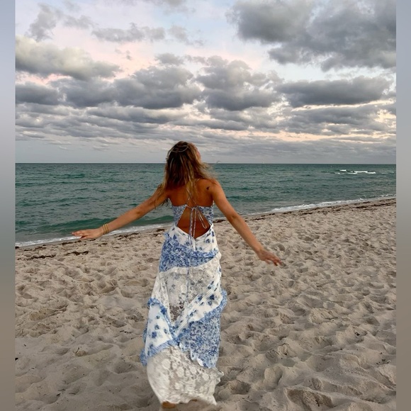 For Love & Lemons Rosalyn Maxi Dress Lace Patchwork Blue XS EUC - Picture 11 of 13